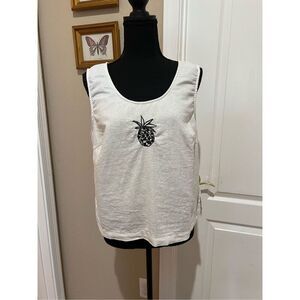 A.K.C. white tank top with black pineapple embroidery. 55% Linen